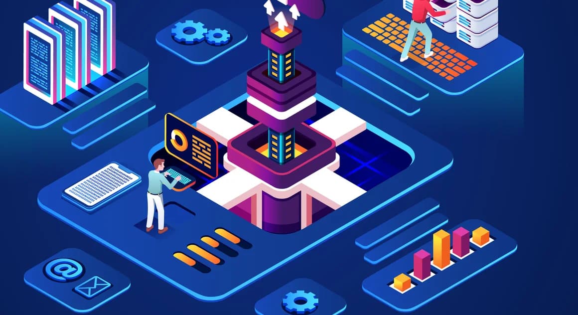Isometric data center platform with cloud, server, and analytics systems