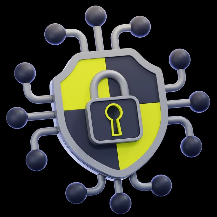 3D shield and lock representing network security controls
