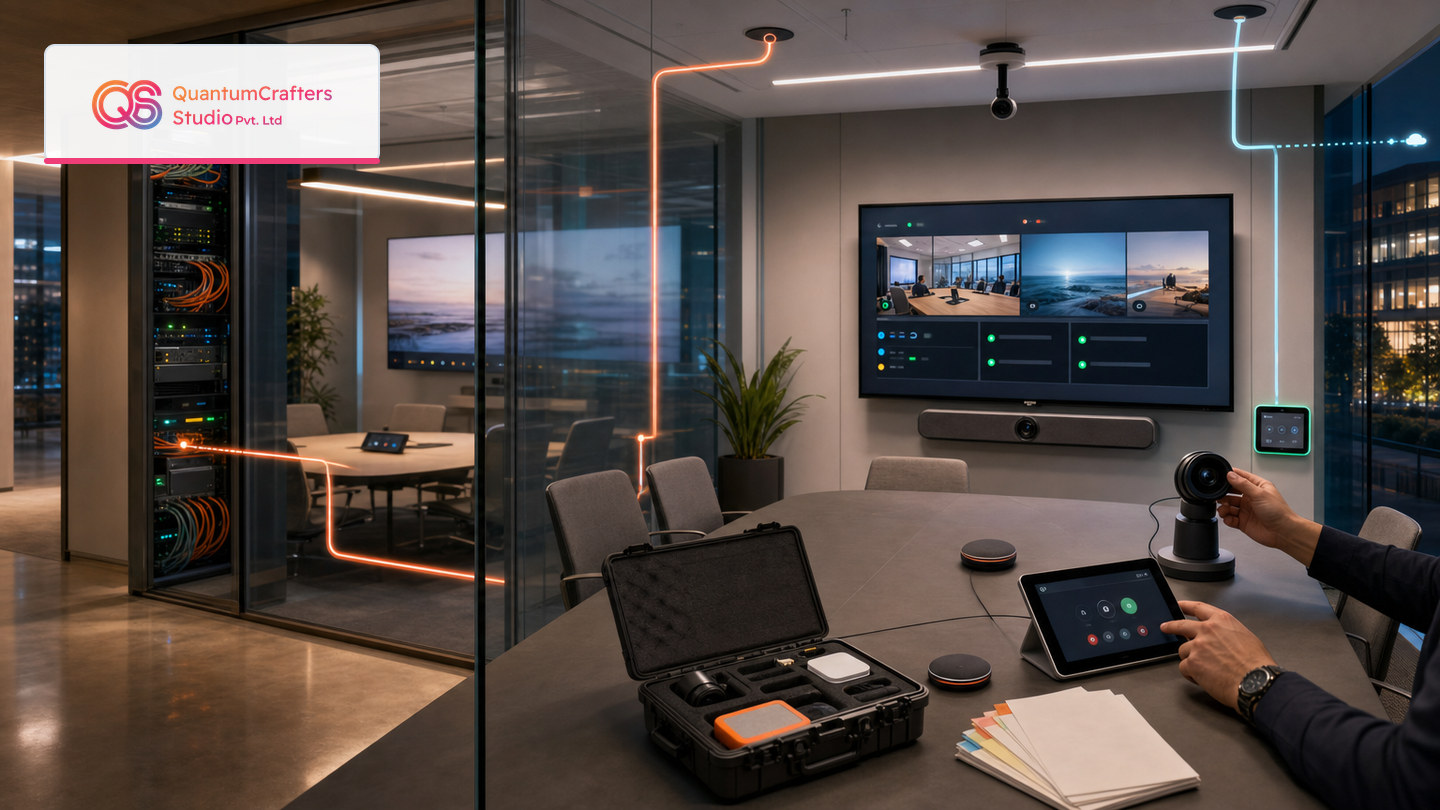 A security operations view showing Cisco RoomOS room devices split into on-premises and cloud-aware tracks, with arrows pointing to the first fixed release for each branch.