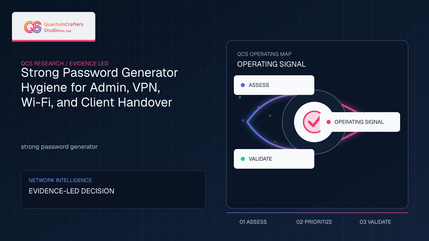 Illustration of secure password management workflow showing unique generated passwords in password manager linked to admin, VPN, Wi-Fi, and client handover accounts with rotation and MFA icons